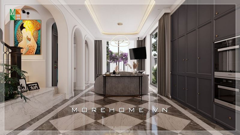 Một cách nhìn khác vào mẫu thiết kế phòng khách tân cổ điển, với tông màu xám đem lại vẻ đẹp sang trọng và cao cấp.