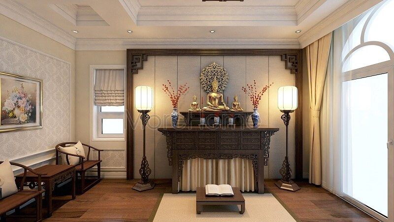 Mẫu thiết kế nội thất phòng thờ gỗ tự nhiên được nhiều khách hàng yêu thích bởi sự lựa chọn và bố trí hợp lí khoa học của nó.